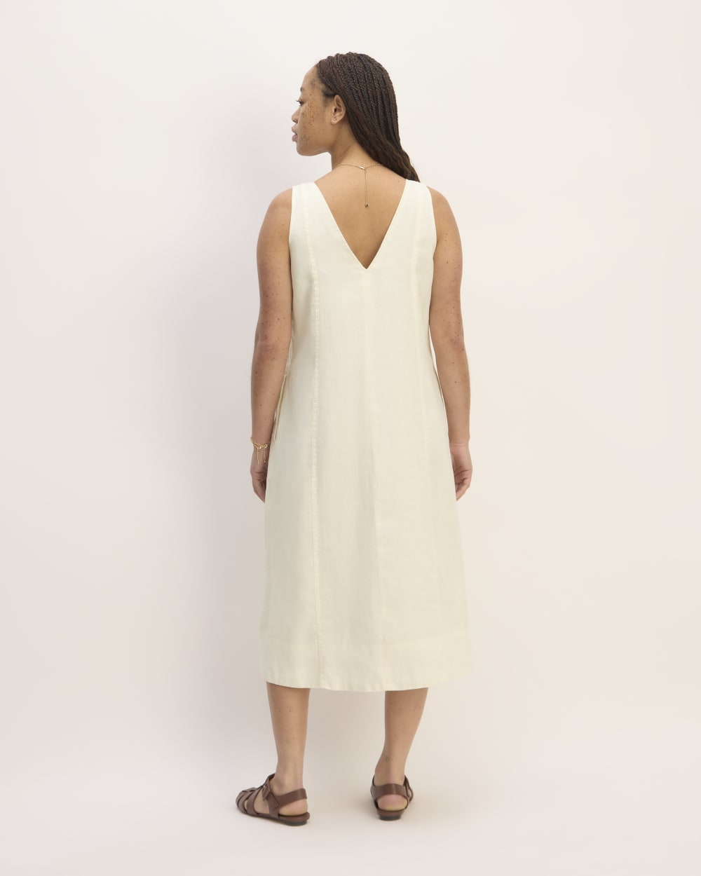 The Linen V-Neck Midi Dress in Bone — detail view