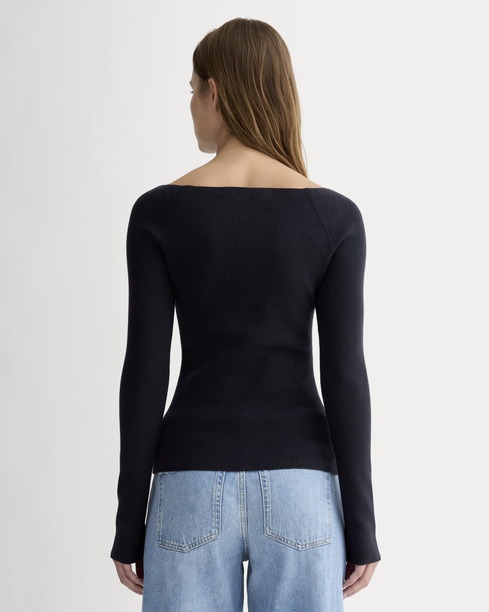 The Knit Boatneck Top in Navy — detail view