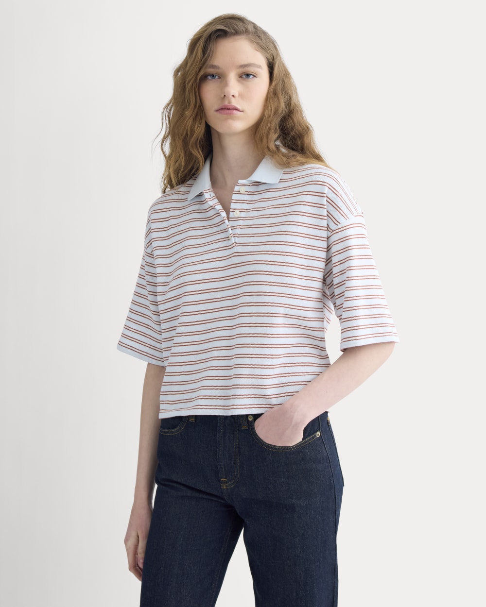 Pique Boxy Polo in Skywriting/Henna/Gardenia — front view
