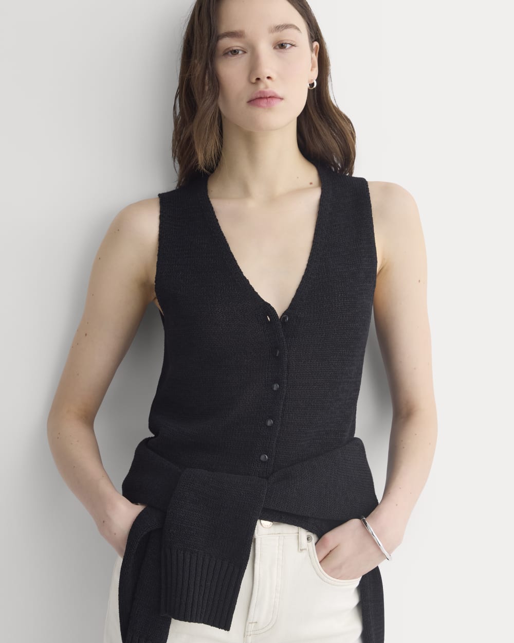 Button-Front Tank in Tape Yarn in Black — detail view