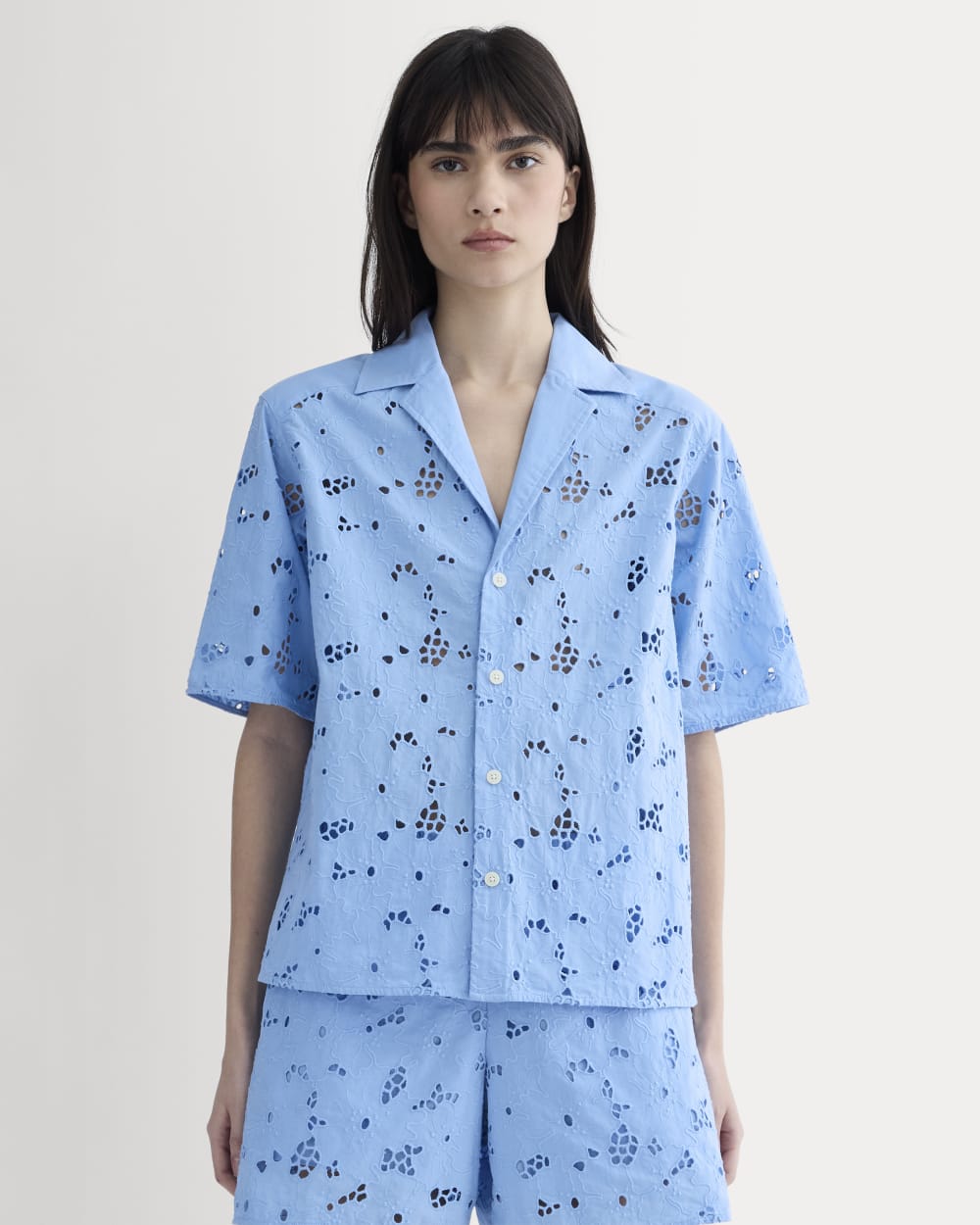 The Eyelet Camp Shirt in Sky Blue — front view