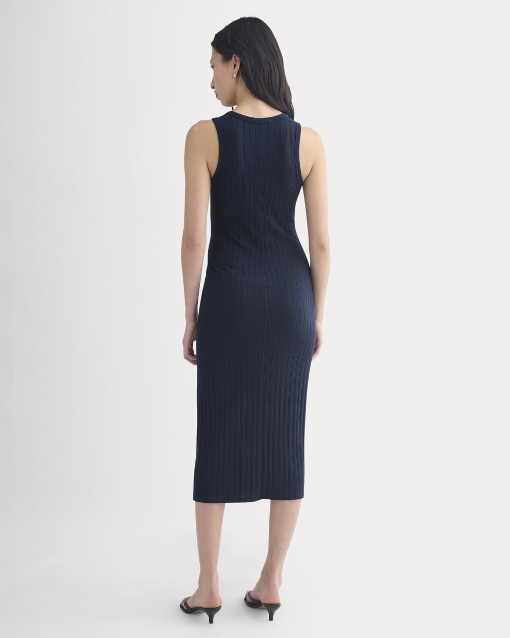 Scoop-Neck Midi Dress in Pointelle Knit in Deep Navy — detail view