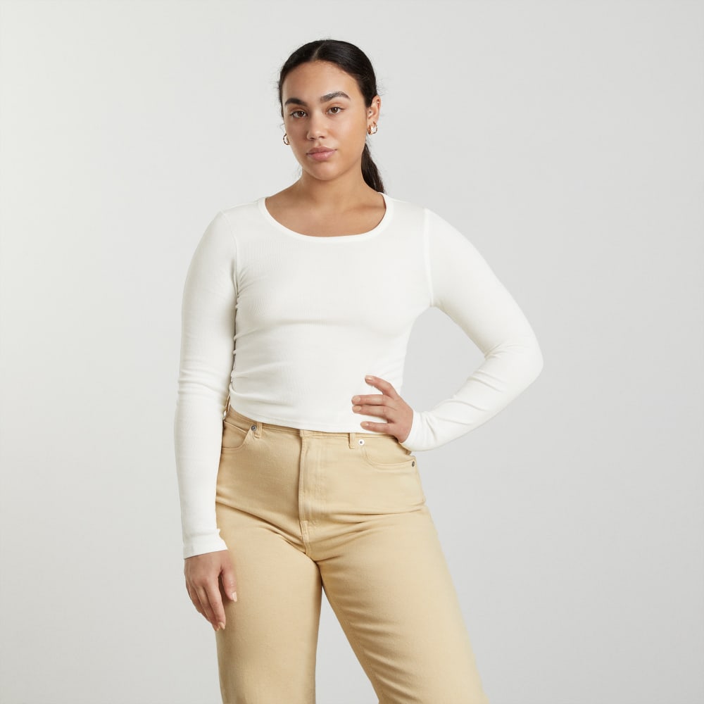 The Pima Micro-Rib Cropped Long-Sleeve Crew in White — detail view