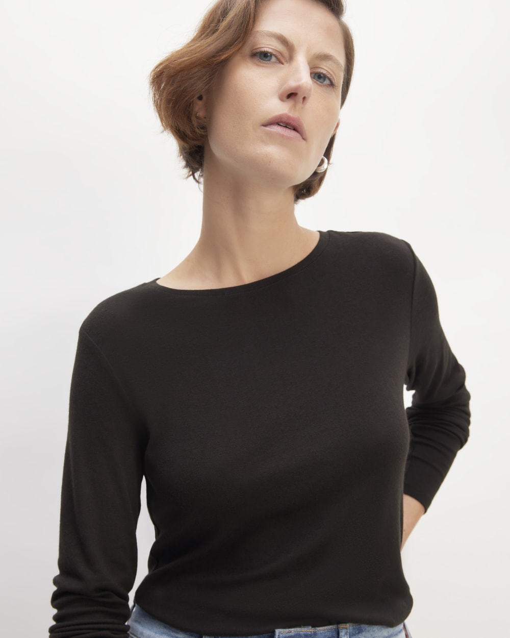 The Long-Sleeve Tee in Butterluxe in Black — detail view