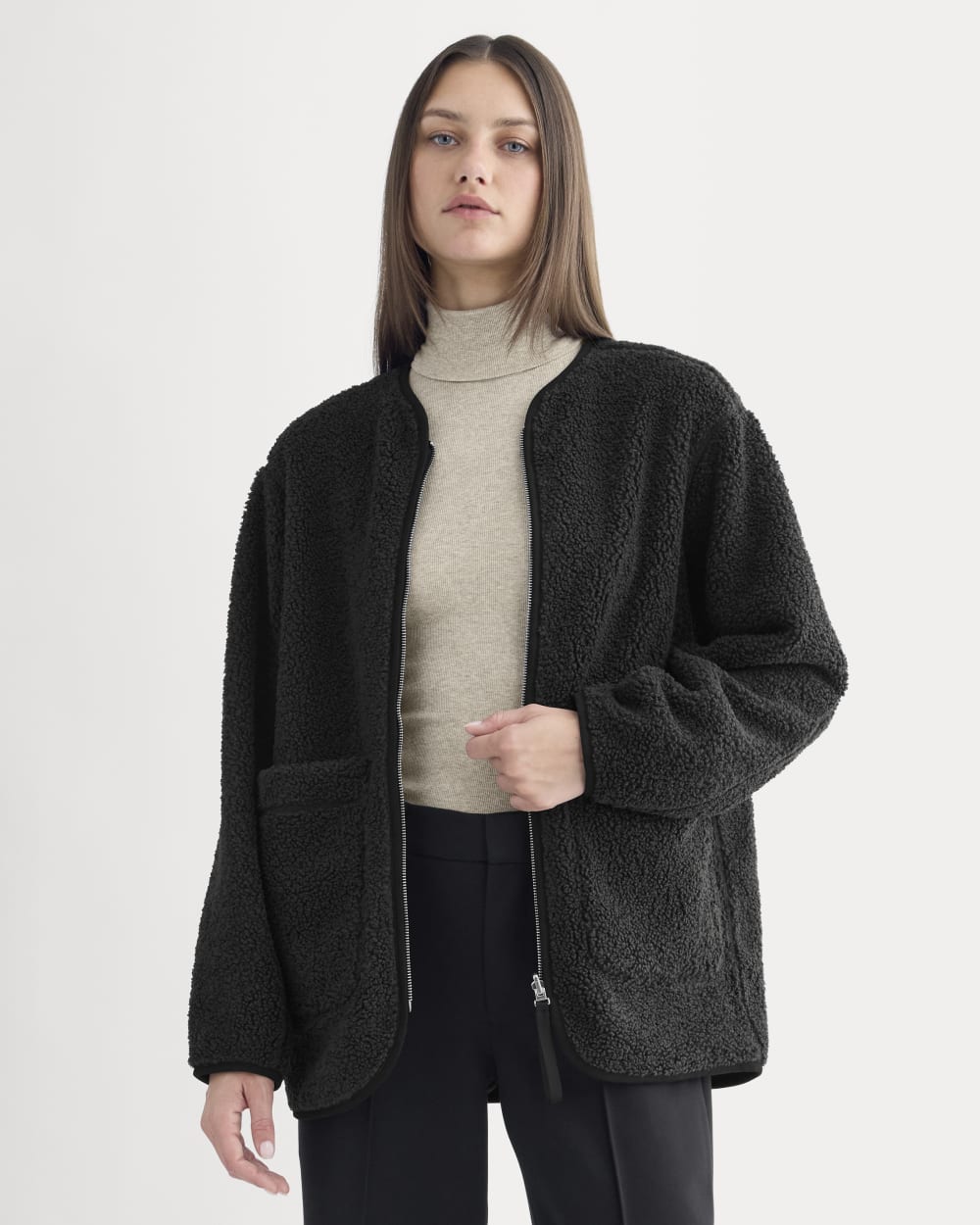 Reversible Teddy Jacket in Black — front view