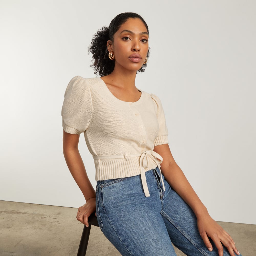 The Puff Sleeve Sweater Top in Parchment — detail view