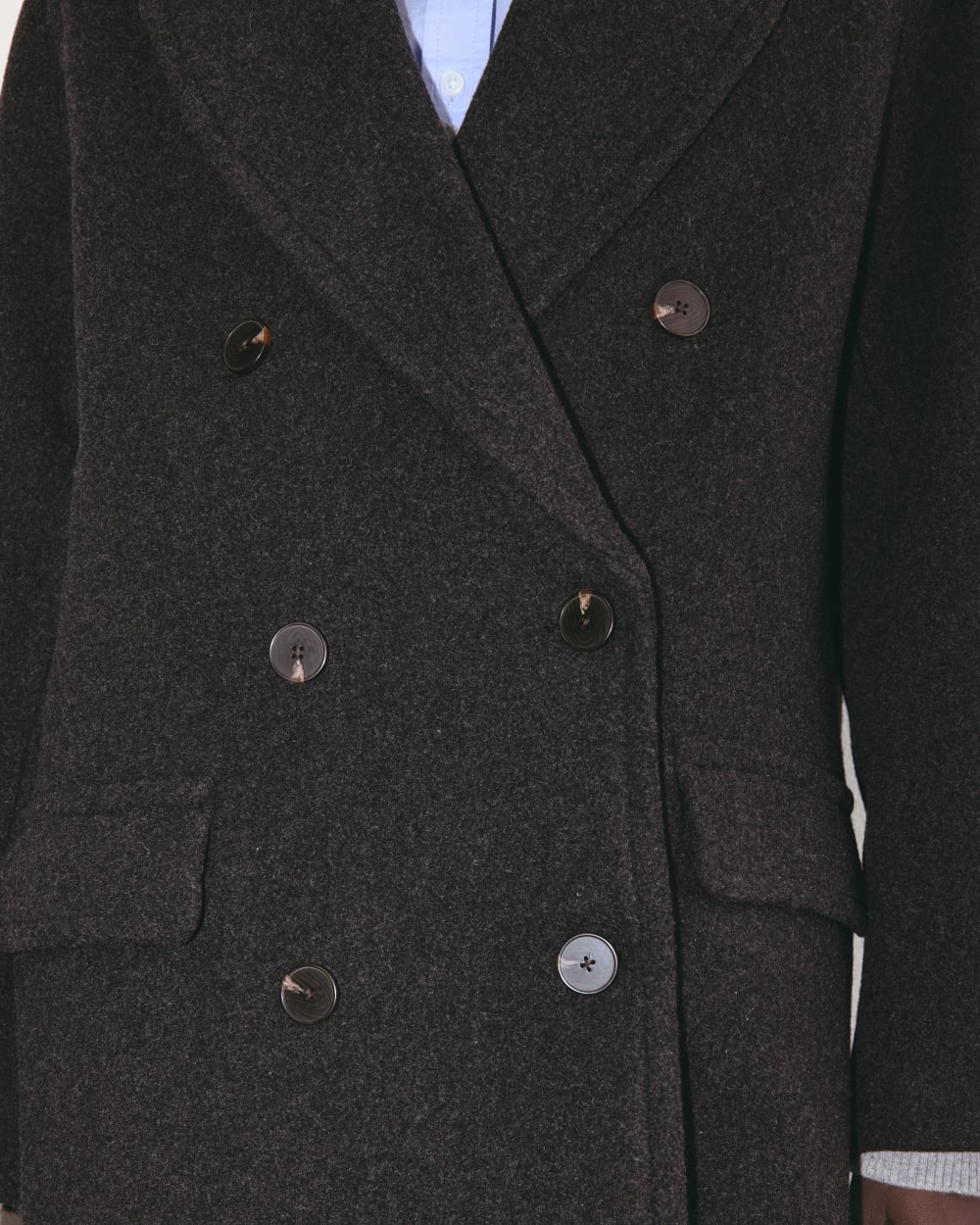 The Double-Breasted Coat in Wool in Heather Charcoal — detail view