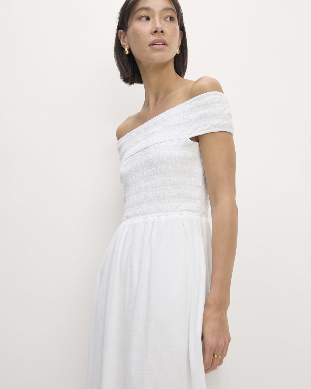 The Gauze Off-the-Shoulder Dress in White — detail view