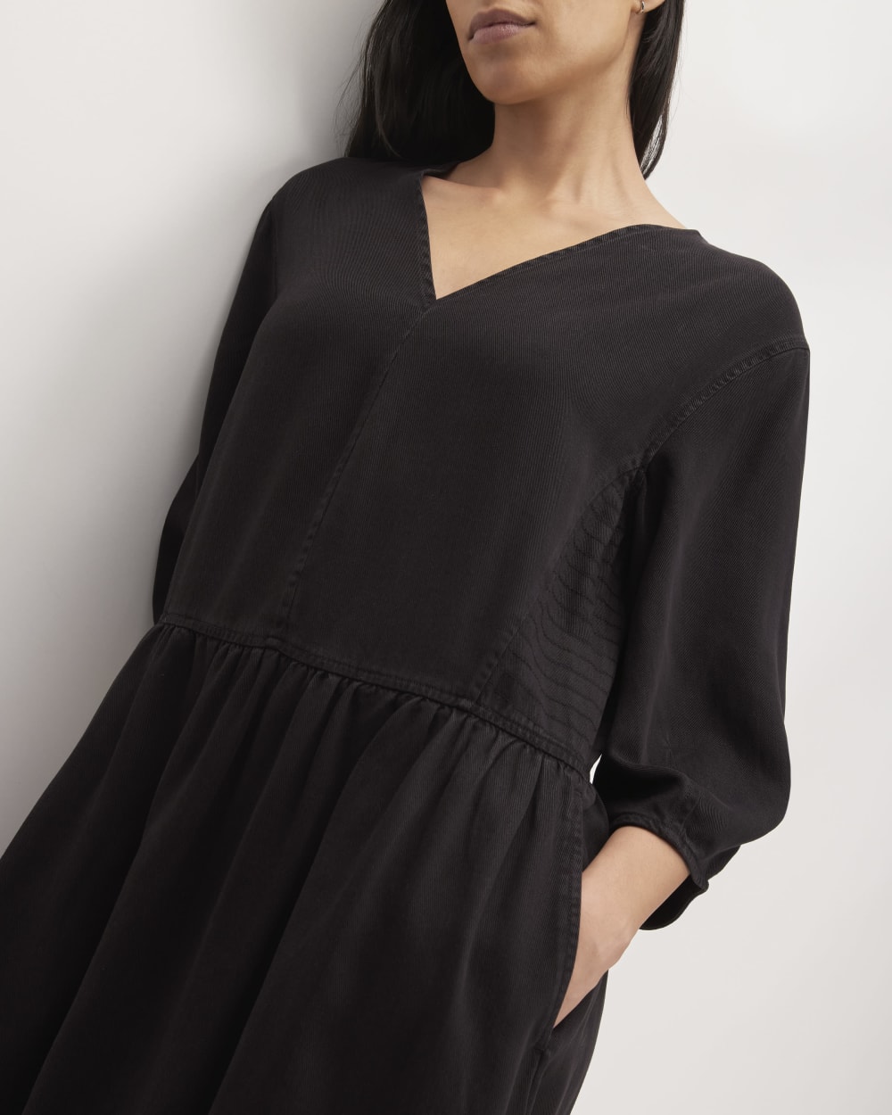 The TENCEL™ Puff-Sleeve Dress in Black — detail view
