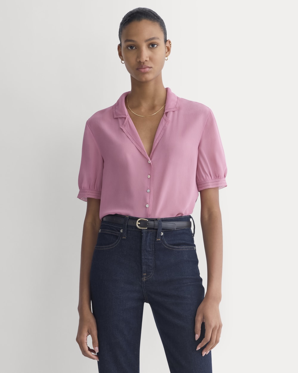 Notch Collar Shirt in Silk Georgette in Heather Rose — front view