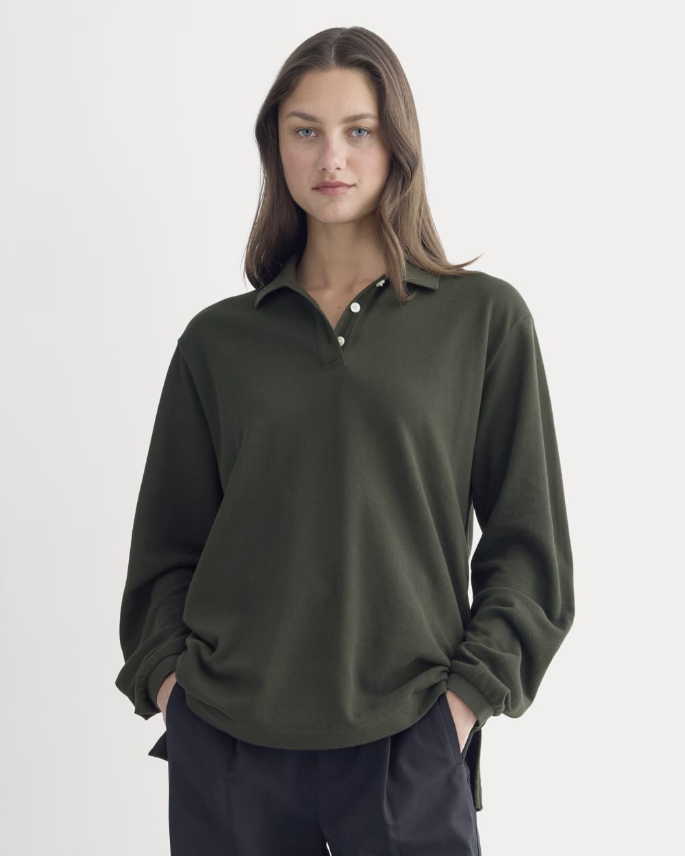 Oversized Pique Polo in Dark Green — front view