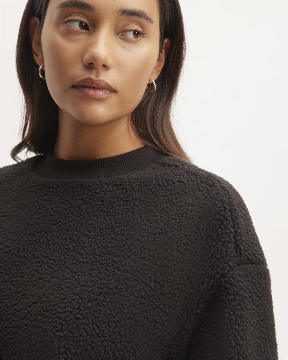The ReNew Fleece Oversized Crew in Black — detail view