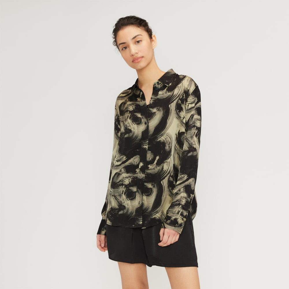 The Satin Relaxed Shirt in Pale Yellow / Black — front view