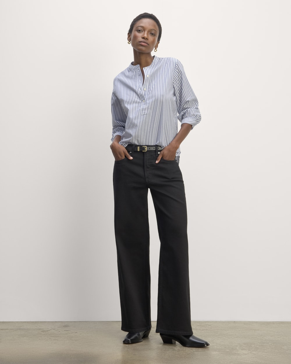 The Henley Shirt in Silky Cotton in White / Bellwether Blue — detail view