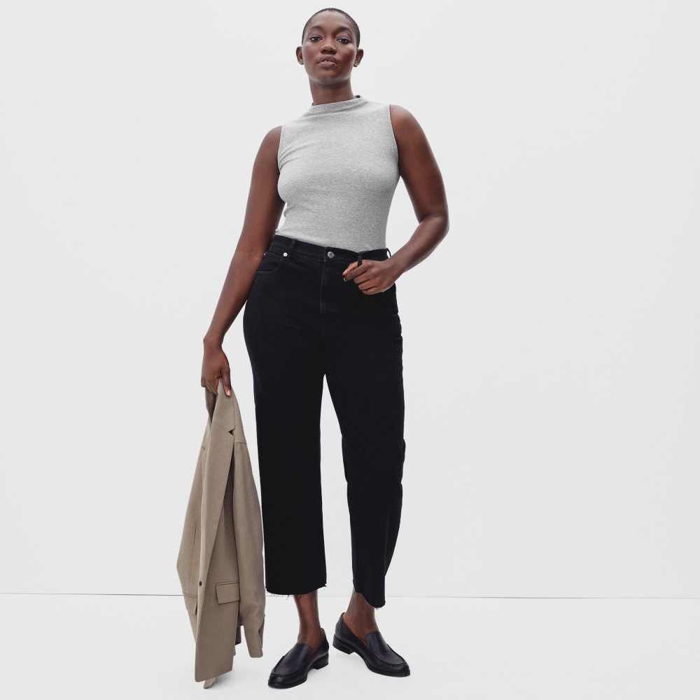 The Pima Micro-Rib Funnel-Neck Tank in Heathered Grey — detail view