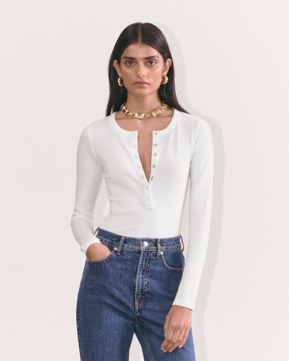 The Luxe Rib Henley in White — front view