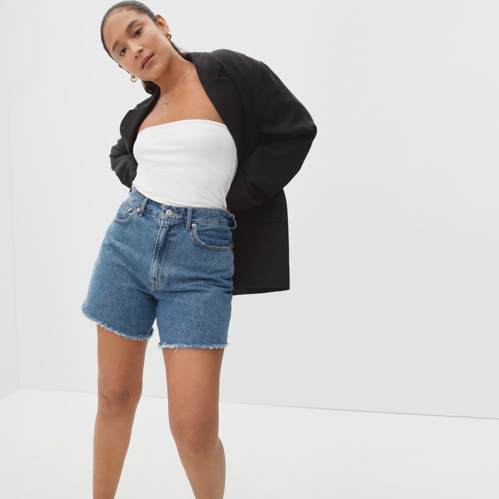 The A-Line Denim Short in Medium Indigo — front view