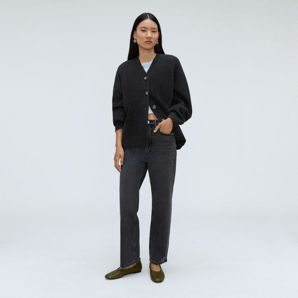 The Felted Merino Cardigan in Black — detail view
