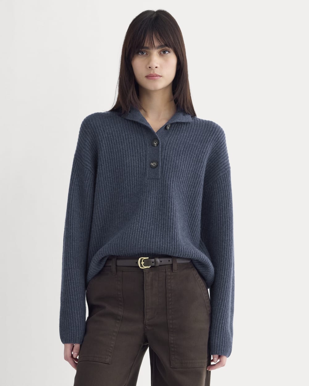 The Cocoon Henley in Wool Cashmere in Indigo — front view