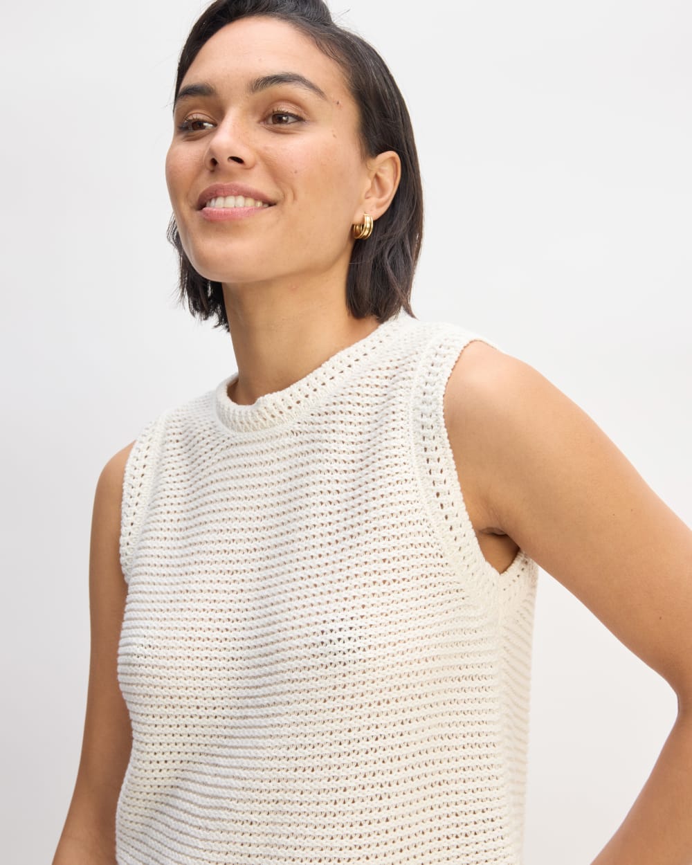 The Organic Cotton Open-Stitch Tank in Bone — detail view