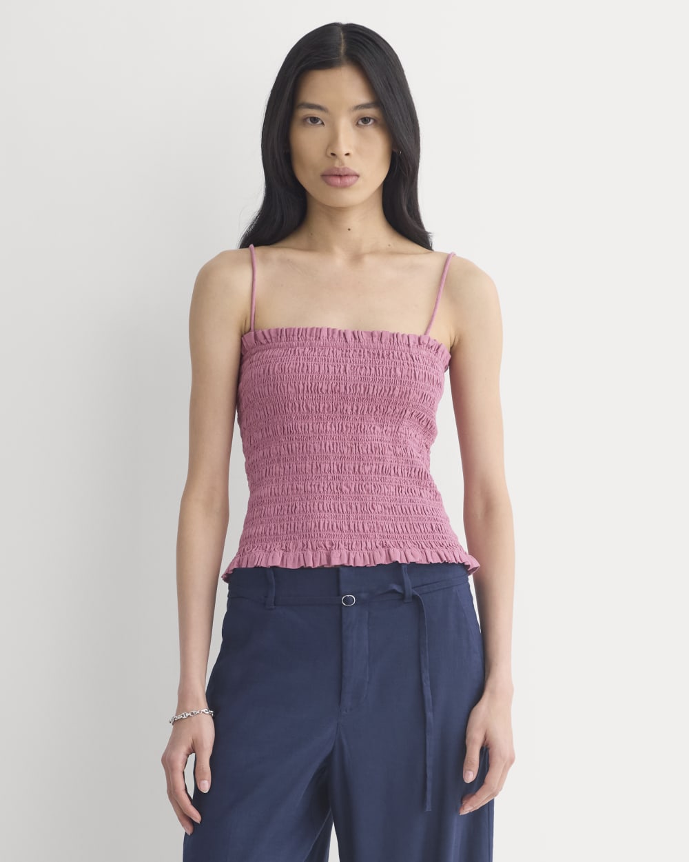 Gauze Smocked Cami in Heather Rose — detail view