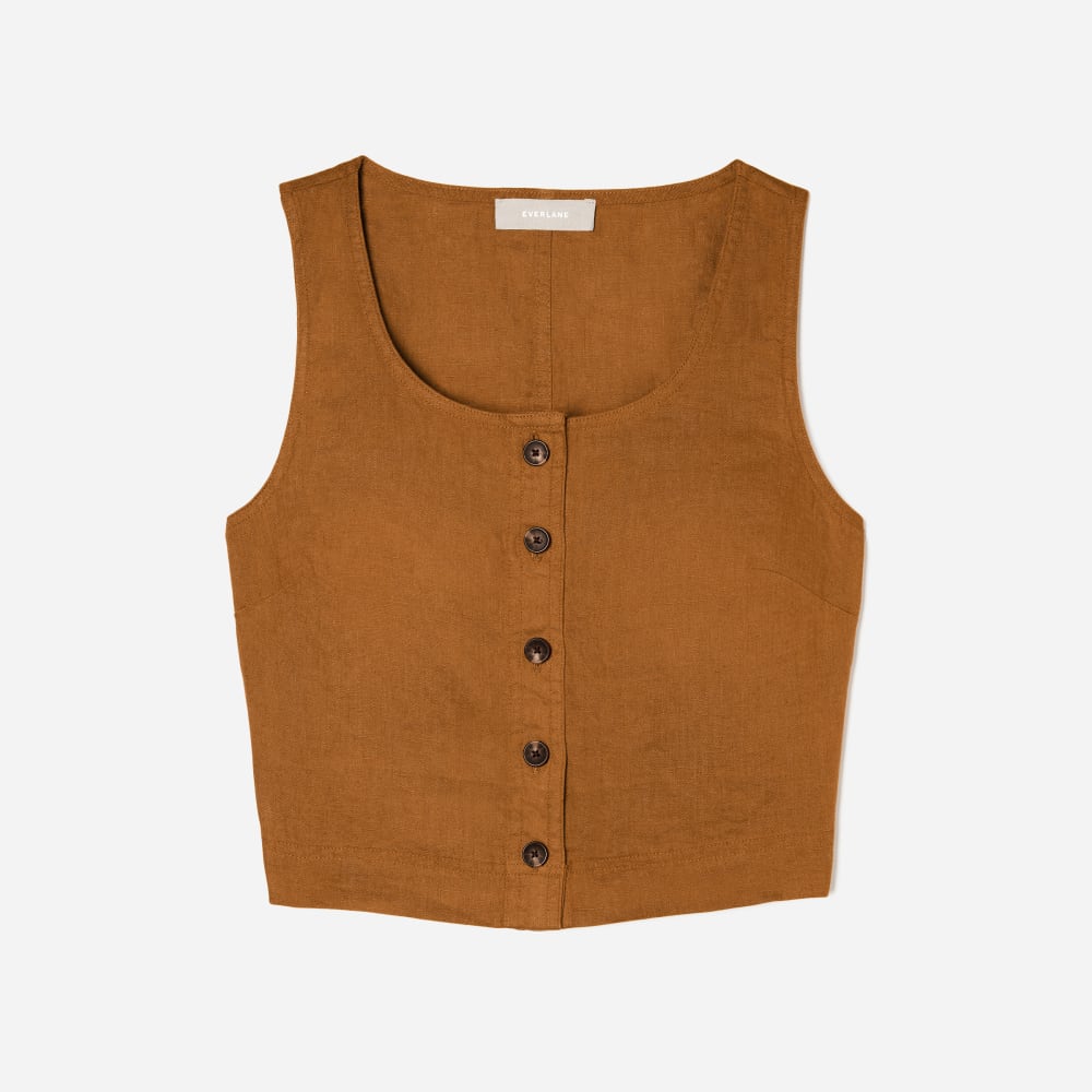 The Linen Button-Front Crop Tank in Tawny Brown — front view