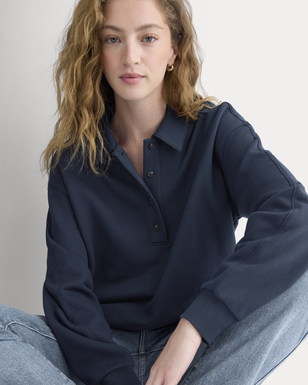 Lightweight Terry Polo Sweatshirt in Navy — detail view