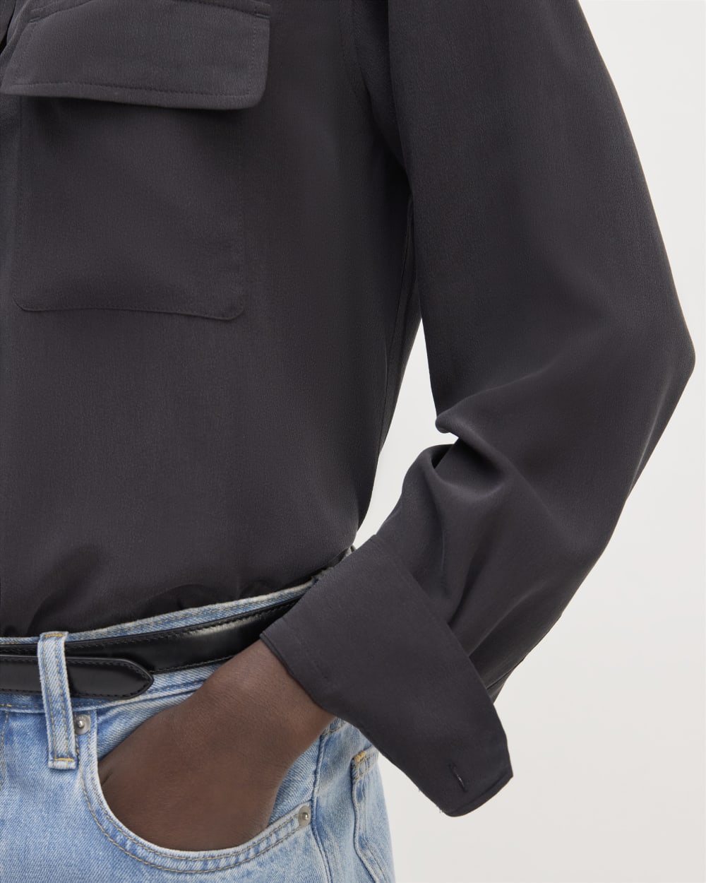 The Utility Shirt in Washable Silk in Black — detail view