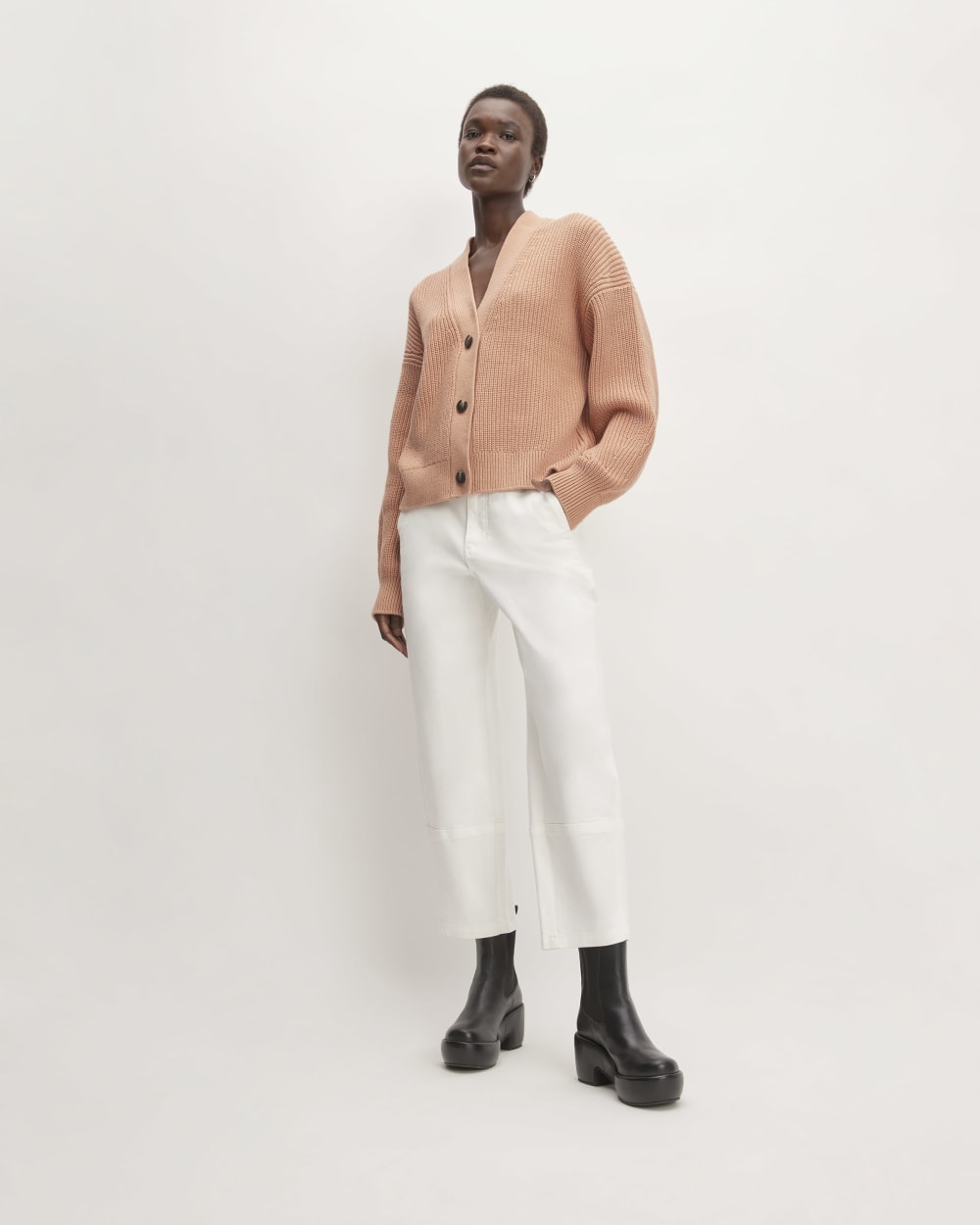 The Boxy Cardigan in Everyday Cotton in Blush Pink — detail view