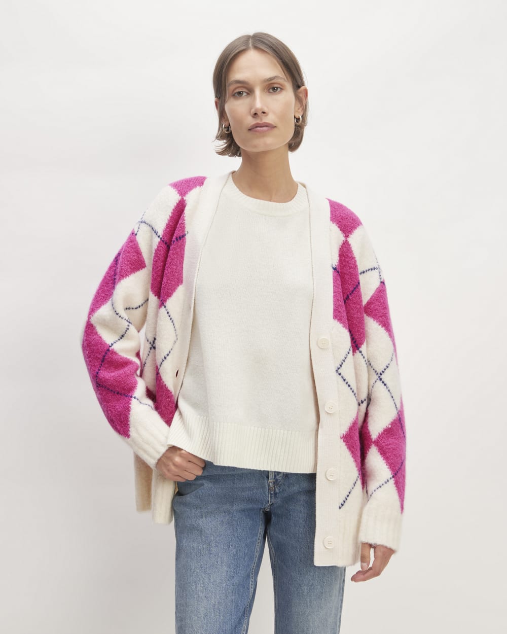 The SuperFuzz Alpaca Cardigan in Bone / Fuchsia Pink / Ocean Cavern — front view