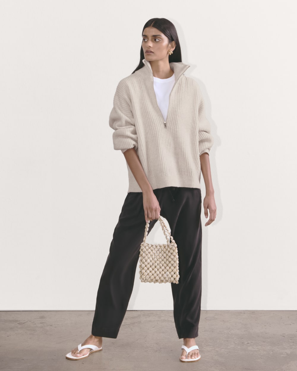 The Half-Zip Sweater in Luxe Merino in Heathered Oat — detail view