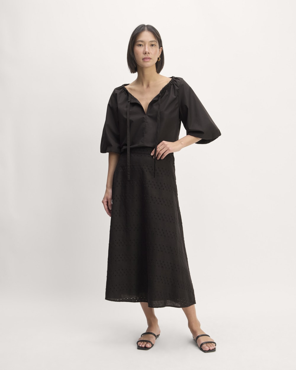 The Supima® Puff-Sleeve Top in Black — detail view