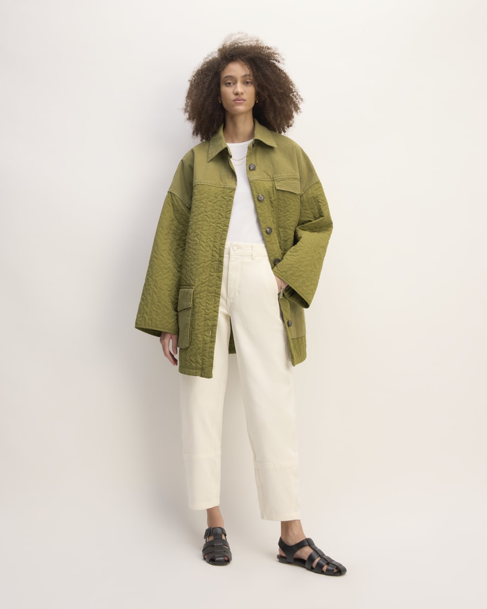 The Everlane x Marques' Almeida Canvas Patchwork Jacket in Moss Green — detail view