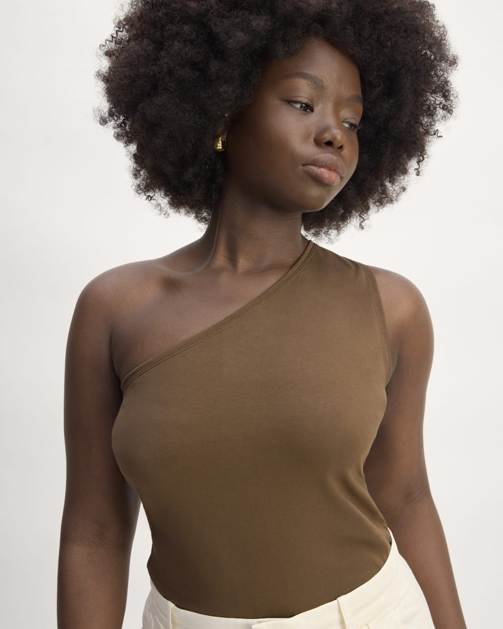 The Form One-Shoulder Tank in Cocoa — front view
