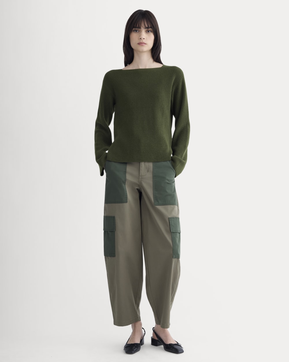 The Boatneck Top in Everyday Cotton in Dark Green — detail view