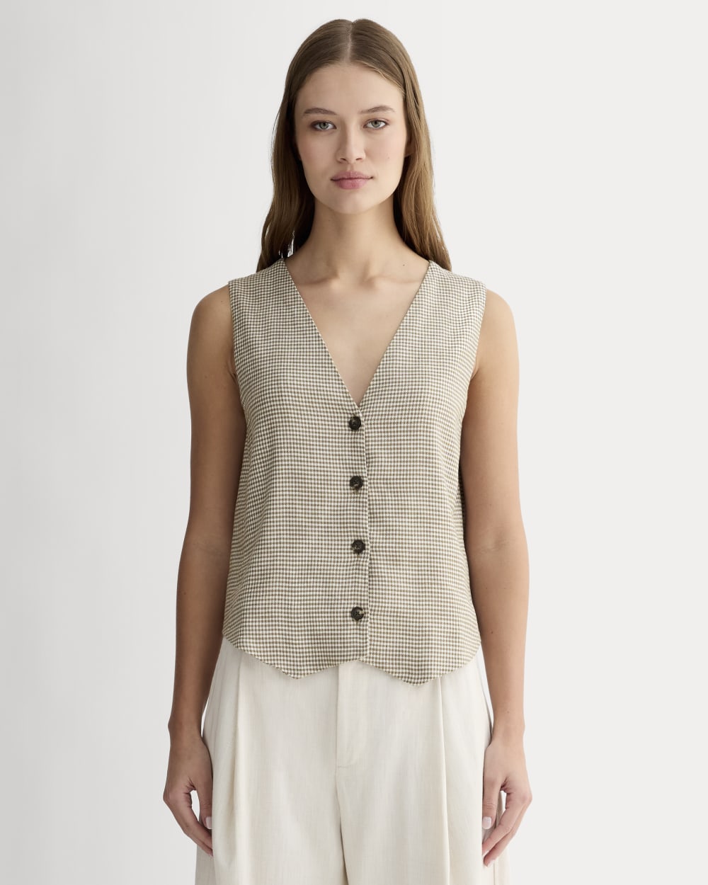 The Vest in Stretch Linen in Deep Taupe Mini Gingham — front view