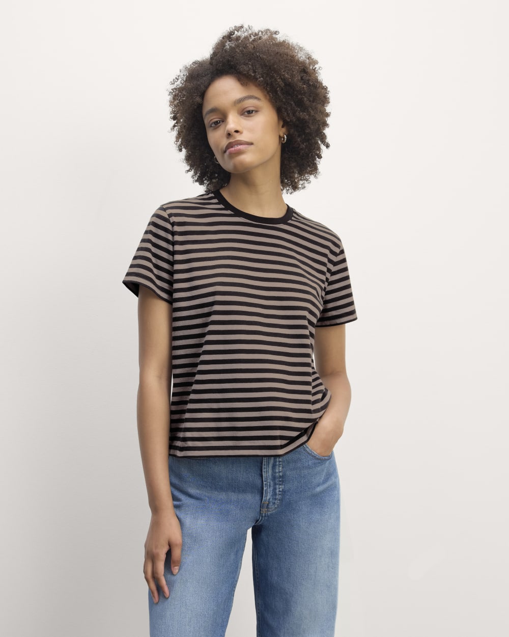 The Box-Cut Tee in Essential Cotton in Artist Clay / Black — front view