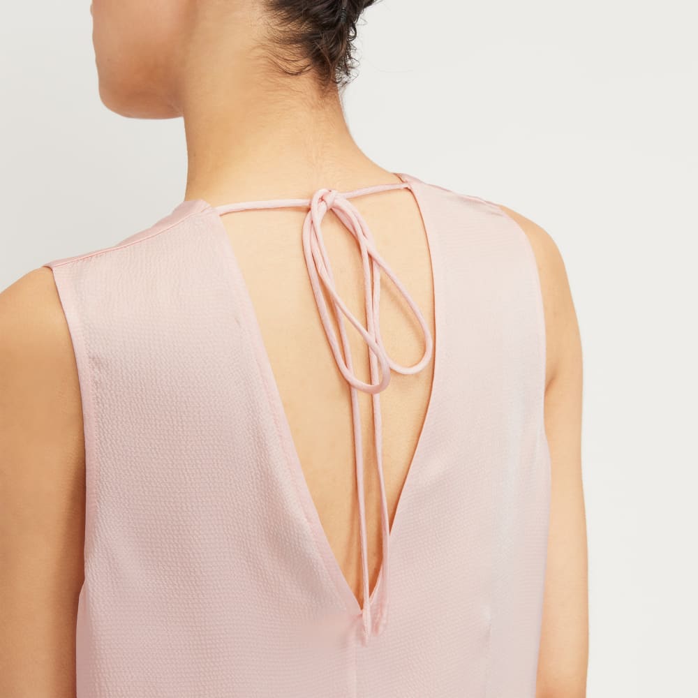 The Satin V-Neck Top in Petal Pink — detail view