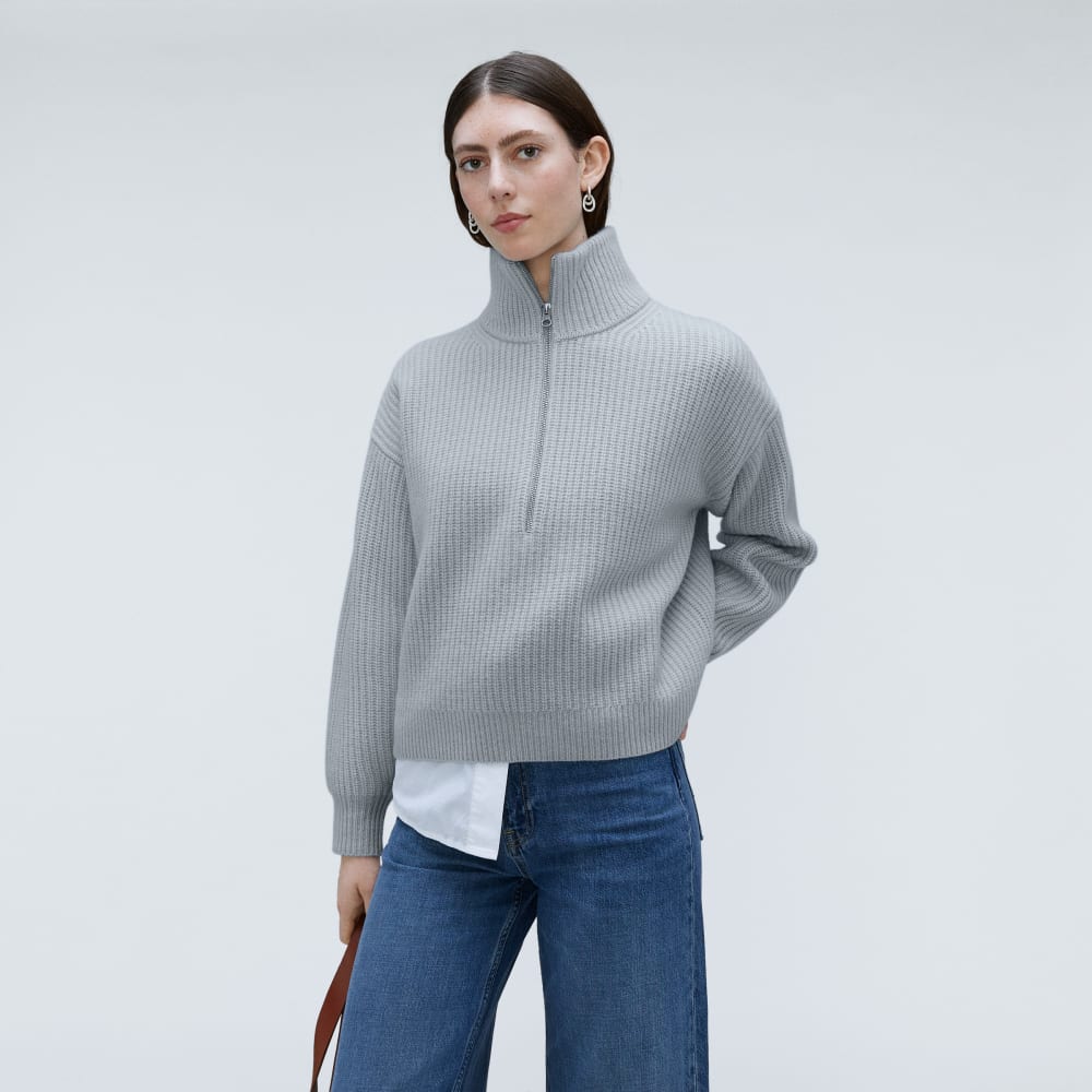 The Half-Zip Sweater in Luxe Merino in Sky — detail view
