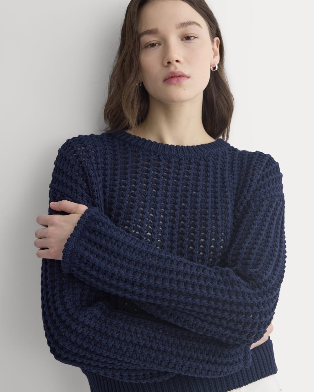 Open-Knit Crew in Elevated Cotton in Navy — detail view