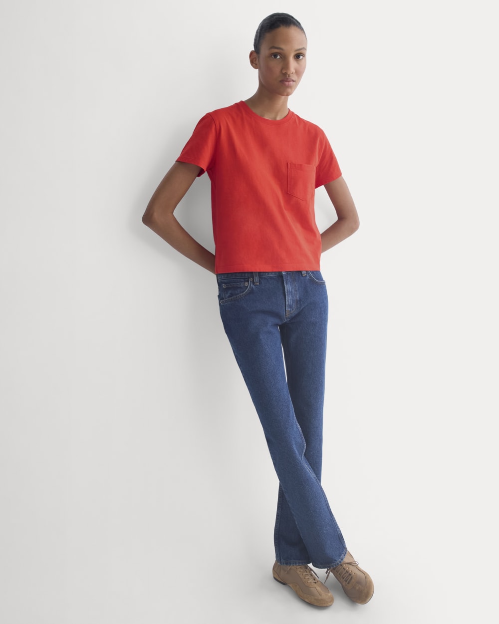 The Box-Cut Tee in Essential Cotton in Fiery Red — detail view