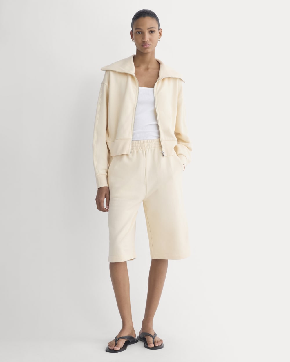 Lightweight Terry Cropped Full-Zip in Parchment — detail view