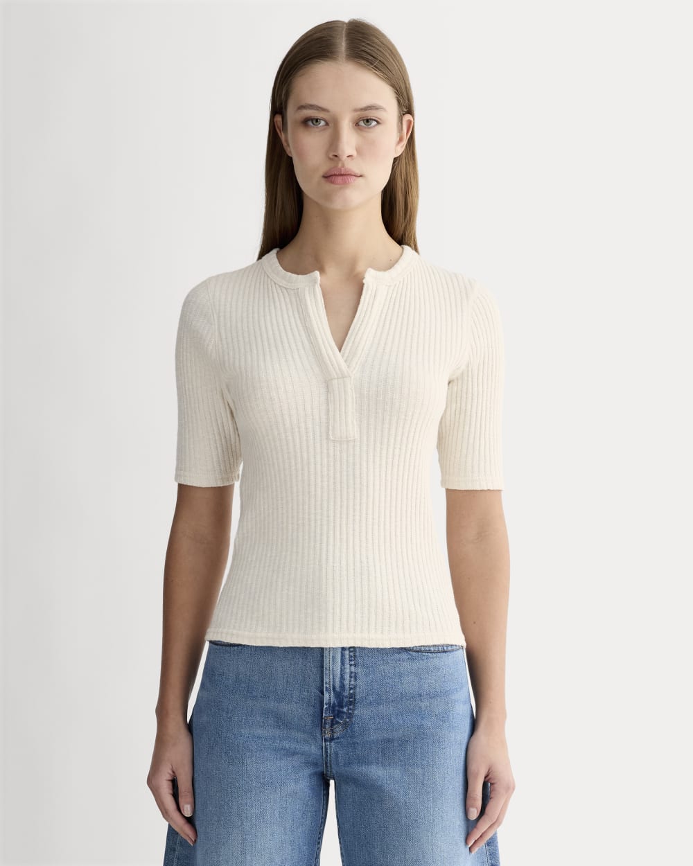 The Rib-Knit Short-Sleeve Henley in Bone — front view