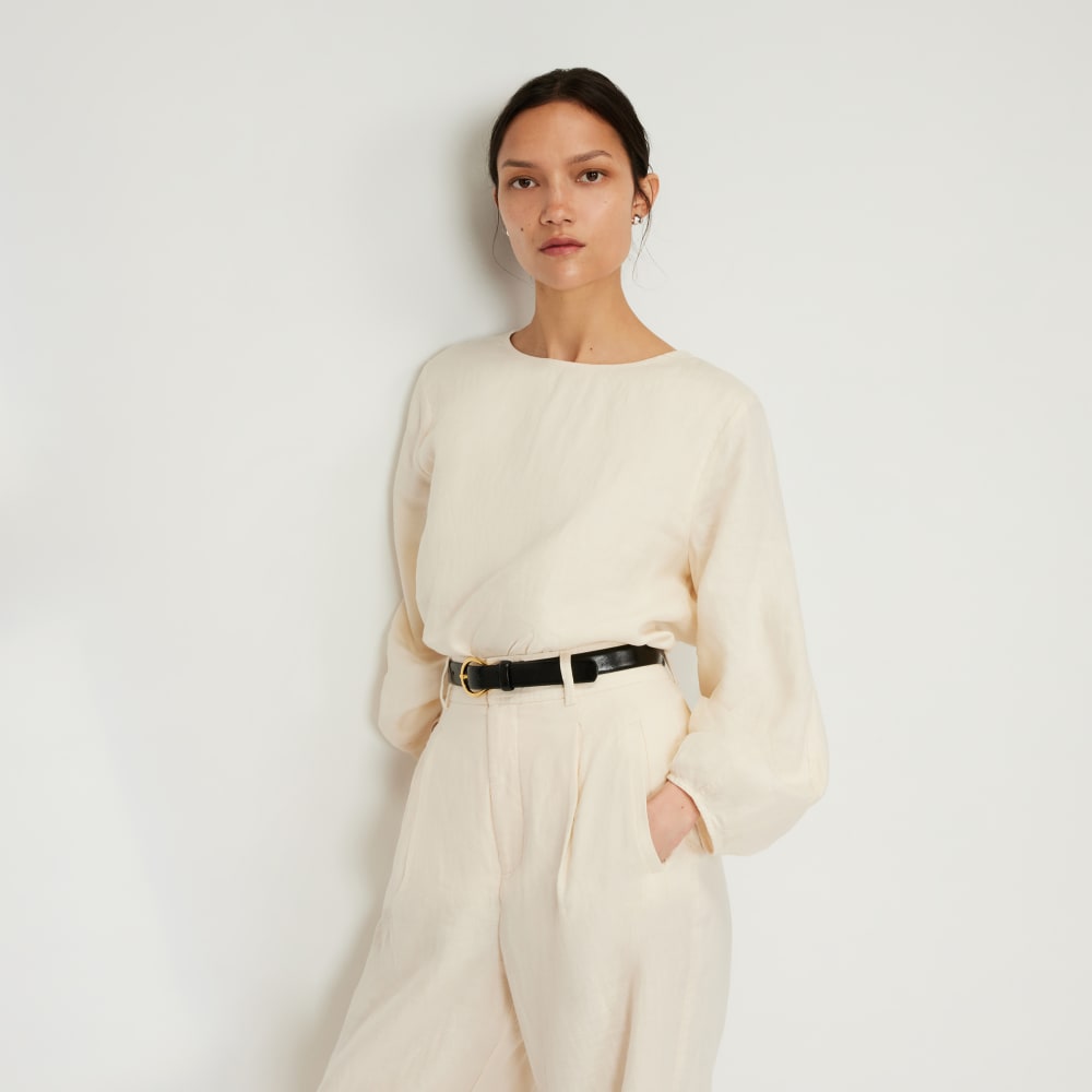 The Linen Long-Sleeve Top in Canvas — front view