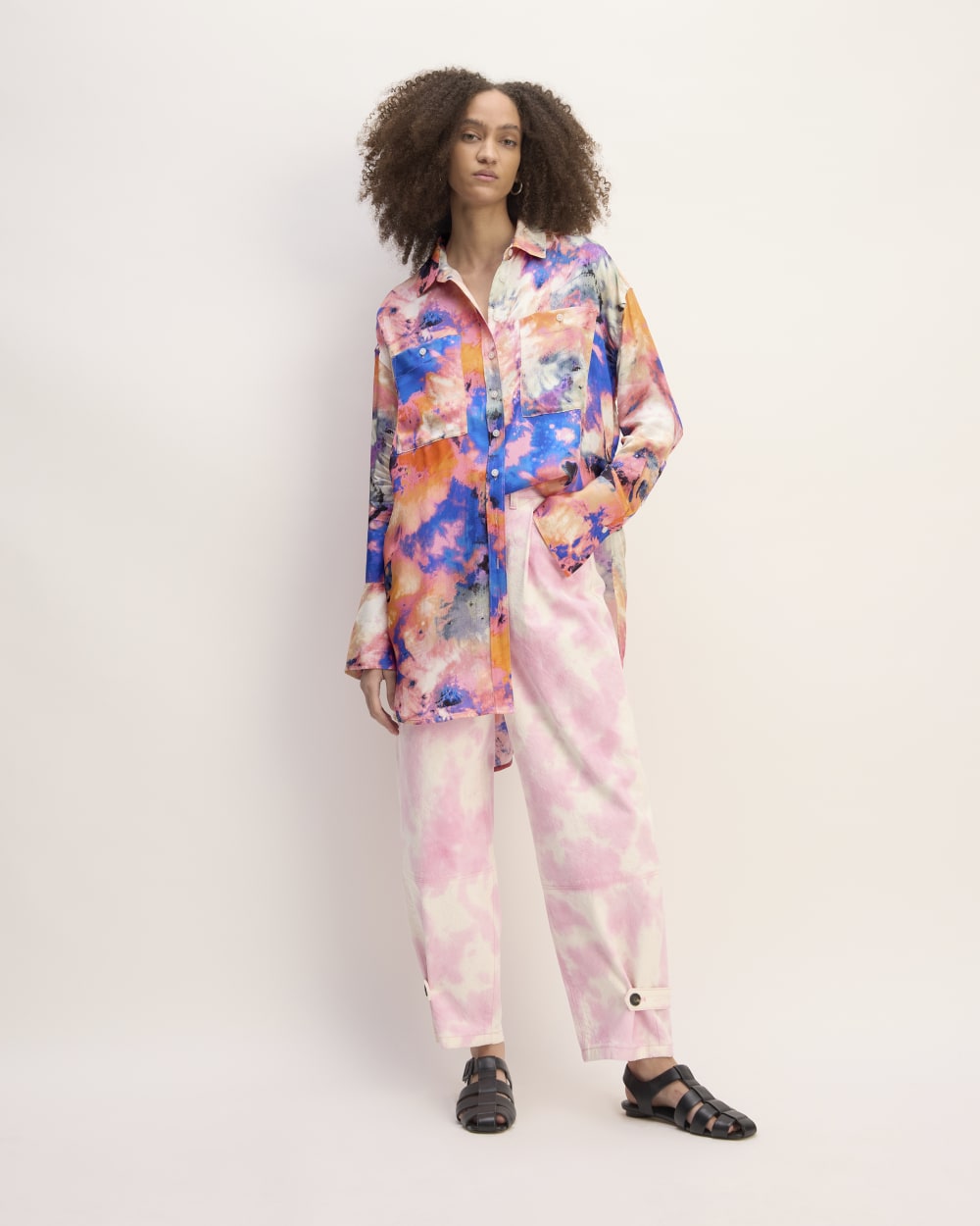 The Everlane x Marques' Almeida Satin Tie-Dye Shirt in Multi Tie-Dye — detail view