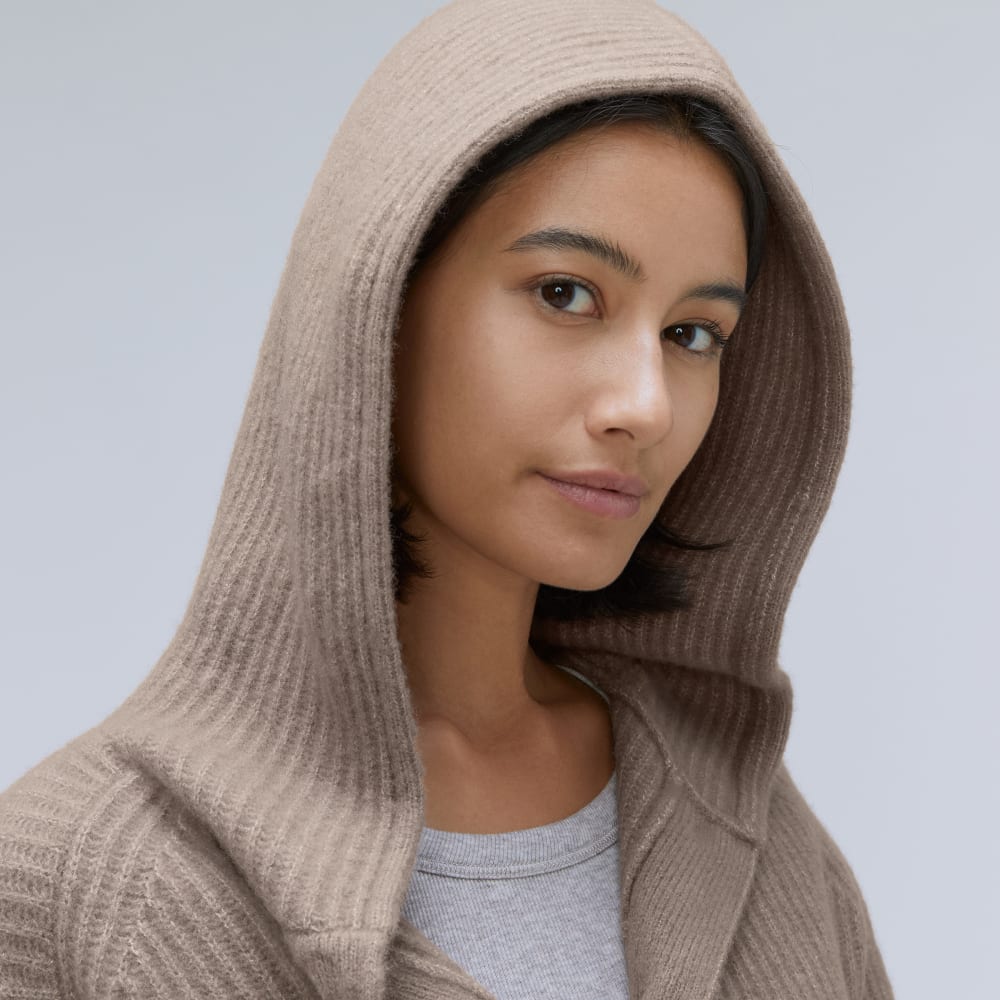 The Cozy-Stretch Hooded Cardigan in Taupe Grey — detail view