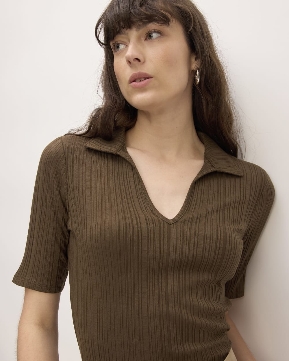 The Rib Soft Knit Open Collar Polo in Cocoa — detail view