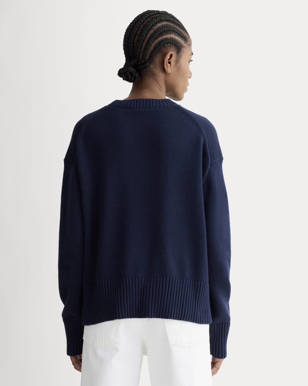 The Boxy Sweater in Everyday Cotton in Navy — detail view