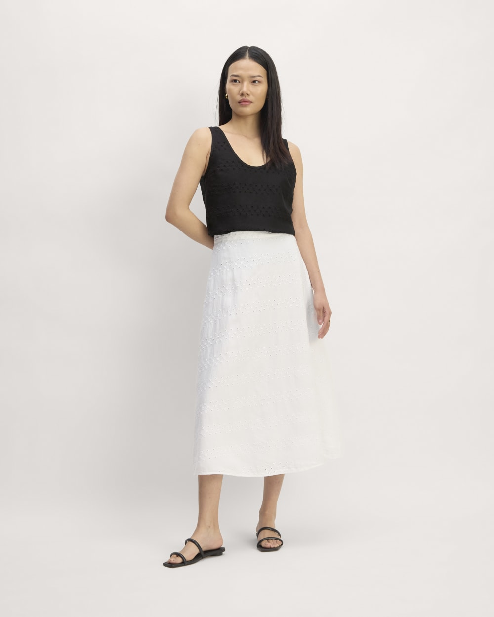 The Linen Eyelet Scoop-Neck Tank in Black Eyelet — detail view