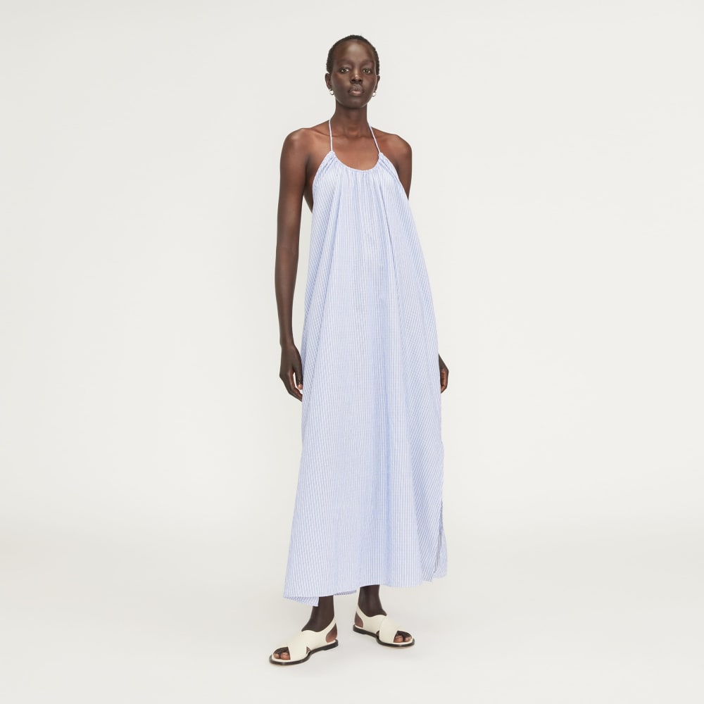 The Tie-Back Halter Dress in Mazarine Blue / Optic White — front view